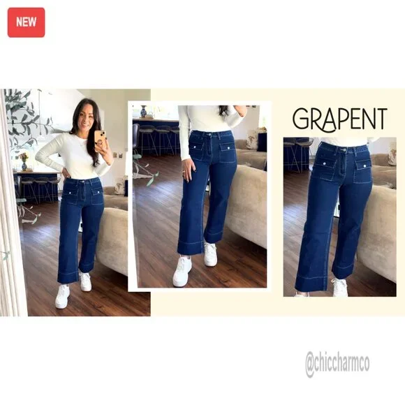 High Waisted Wide Leg Cropped Jeans Stretchy Denim Retro Patch Pockets